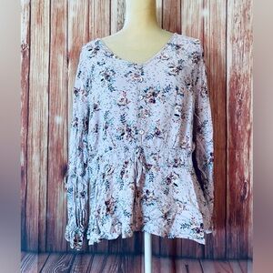 Women’s XL Blouse Maurice’s Floral Long Sleeves Elastic Waist & Wrists V Neck